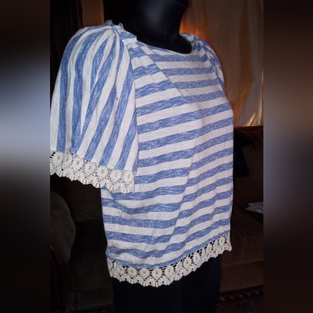 Blue and White Striped Lace Trim Top